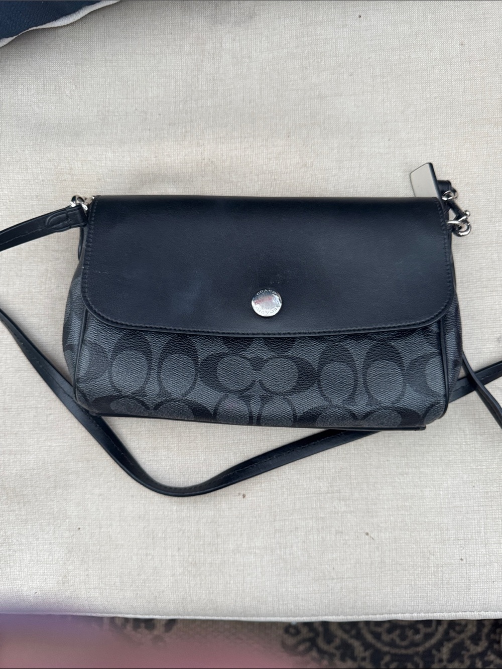 Coach Black/Cream Reversible Signature Crossbody with Leather Flap